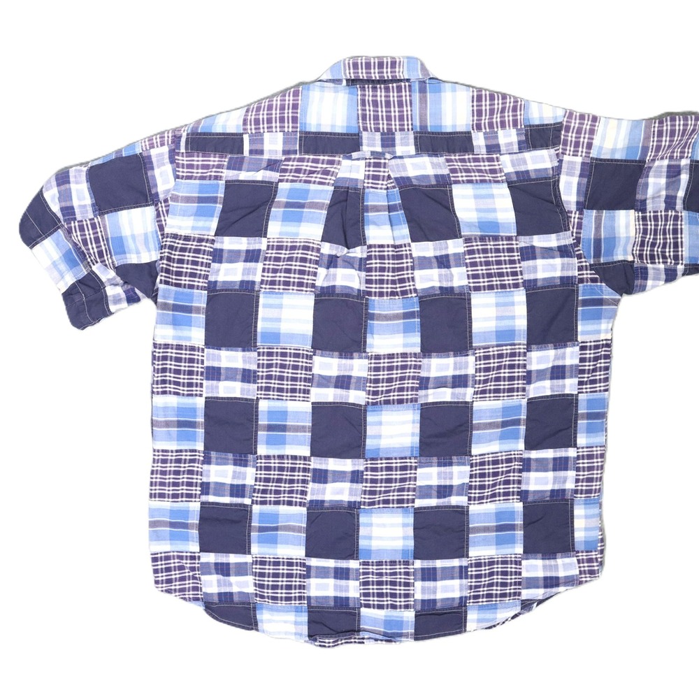 Vintage ORVIS Patchwork Madras Chambray Plaid Short Sleeve Shirt Mens Sz L Blue - Picture 2 of 5